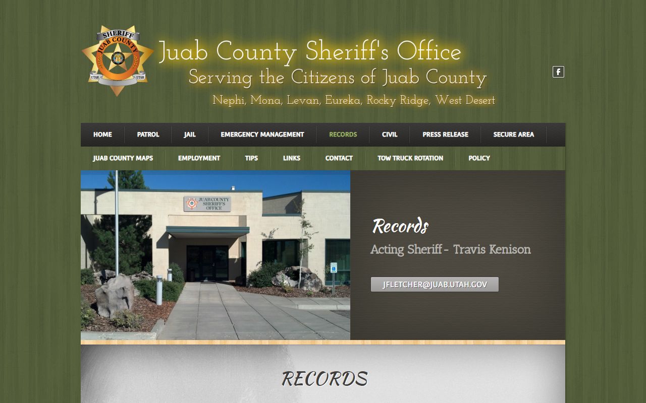 Juab County Sheriff Records Division page for inmate records and GRAMA requests